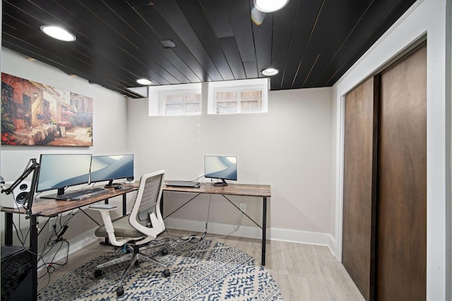 office space featuring recessed lighting, baseboards, wood finished floors, and wood ceiling