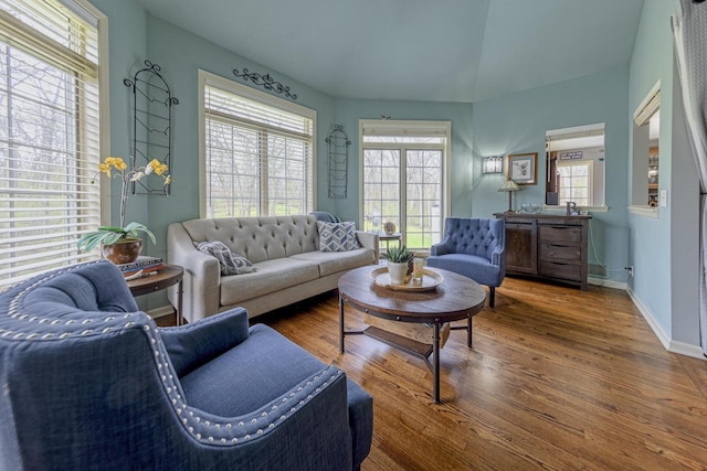 living room featuring baseboards, wood finished floors, and lofted ceiling