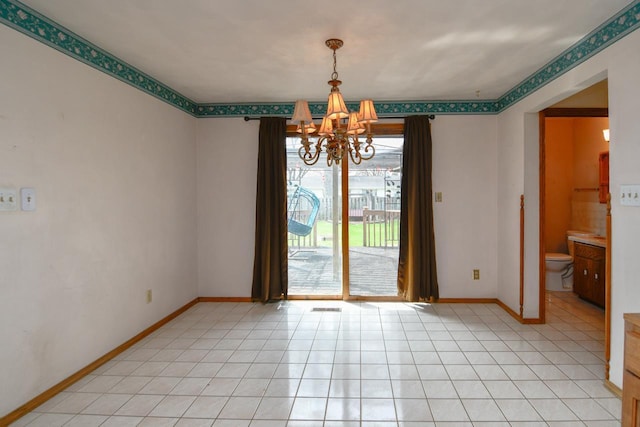 unfurnished dining area featuring baseboards, light tile patterned flooring, a chandelier, and visible vents