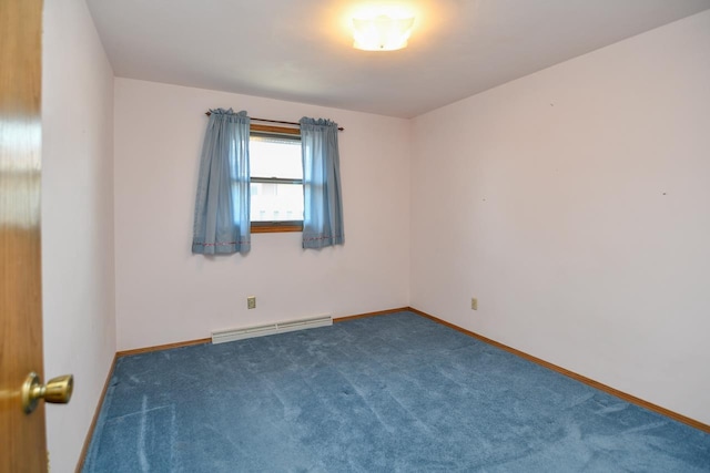 spare room featuring carpet floors, baseboards, and a baseboard radiator