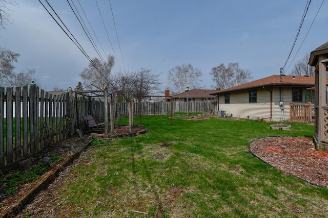 view of yard featuring a fenced backyard and central AC