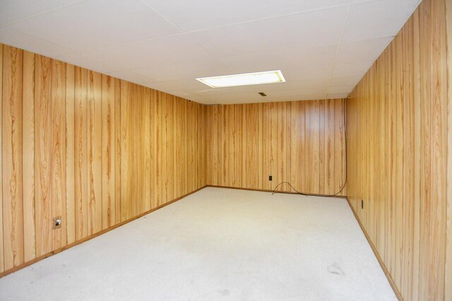 empty room featuring wooden walls and light colored carpet