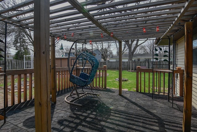 view of patio / terrace featuring a fenced backyard and a pergola