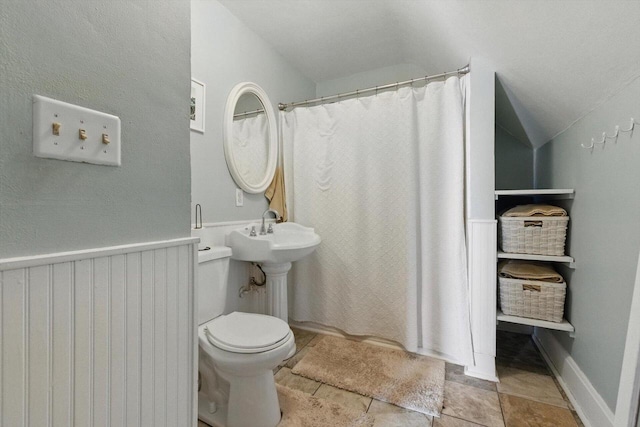 bathroom featuring a sink, a shower with shower curtain, toilet, and lofted ceiling