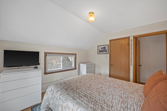 bedroom featuring vaulted ceiling and wood finished floors
