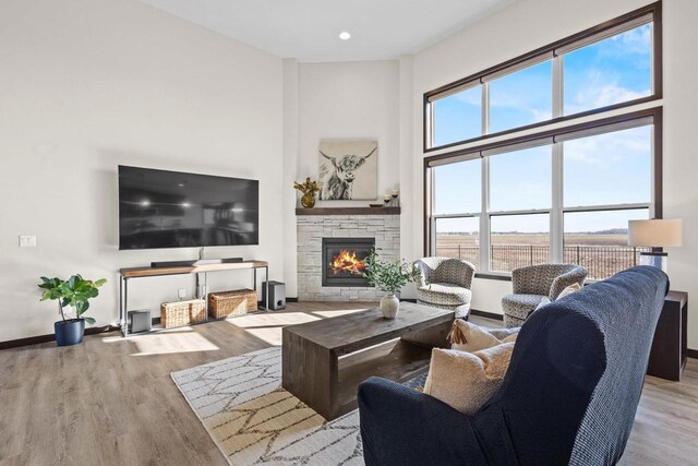 living room with baseboards, a high ceiling, a stone fireplace, and wood finished floors