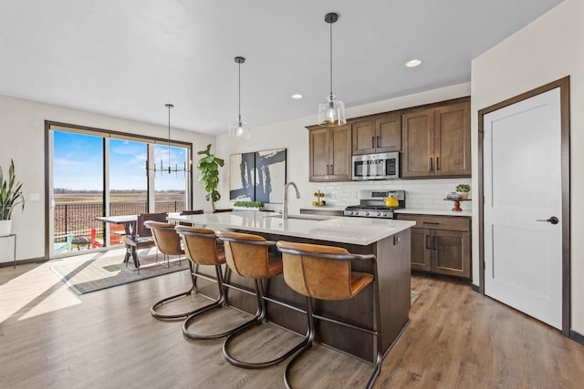 kitchen with appliances with stainless steel finishes, a sink, light wood finished floors, light countertops, and a kitchen island with sink