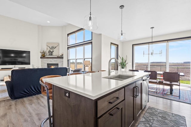 kitchen featuring dark brown cabinetry, a stone fireplace, a sink, light wood-style floors, and a wealth of natural light
