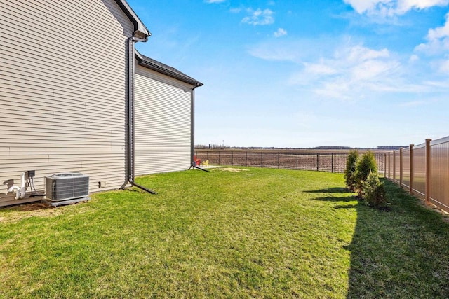 view of yard featuring central AC unit and a fenced backyard