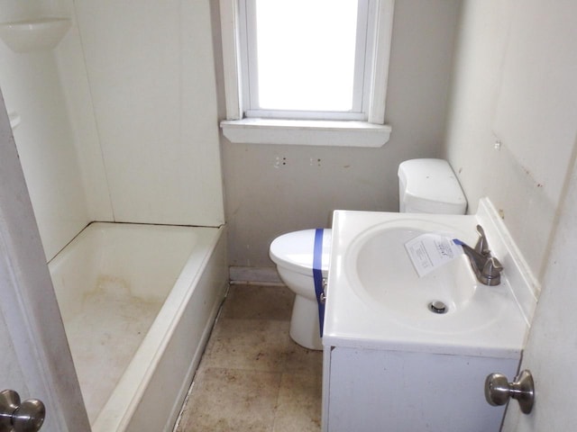 full bathroom with toilet, a bathtub, a shower, and vanity