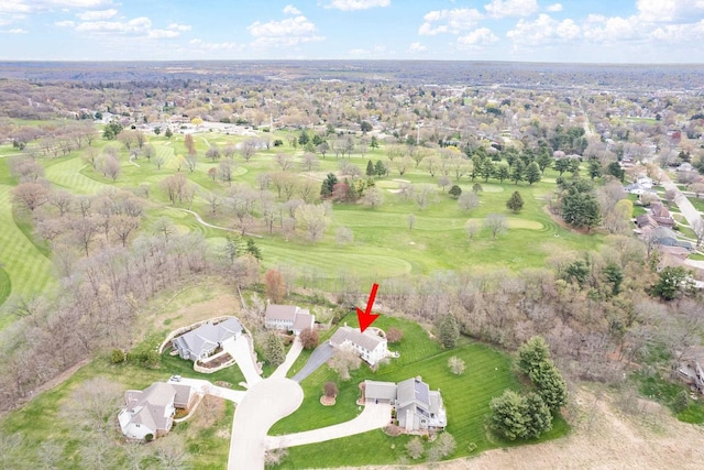 aerial view featuring a residential view and golf course view