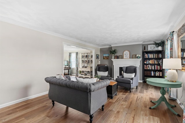 living area featuring crown molding, light wood-style floors, baseboards, and a fireplace