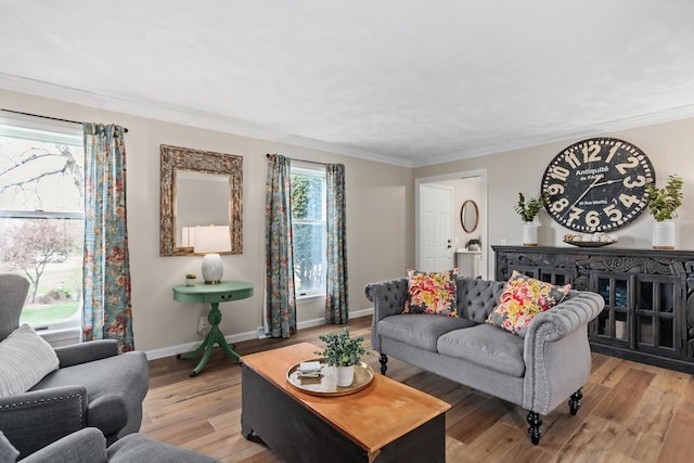living room featuring baseboards, ornamental molding, and light wood finished floors