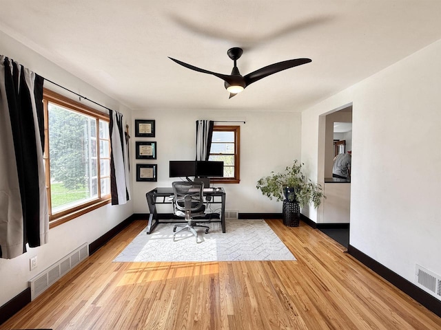office area featuring visible vents, a ceiling fan, and wood finished floors