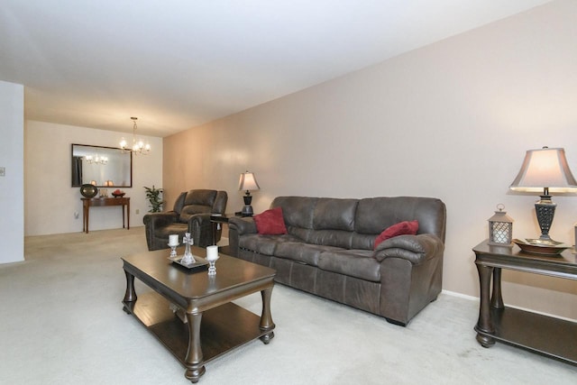 living area with light colored carpet and an inviting chandelier