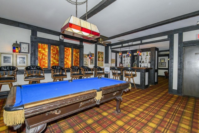 rec room featuring billiards, a ceiling fan, and beamed ceiling