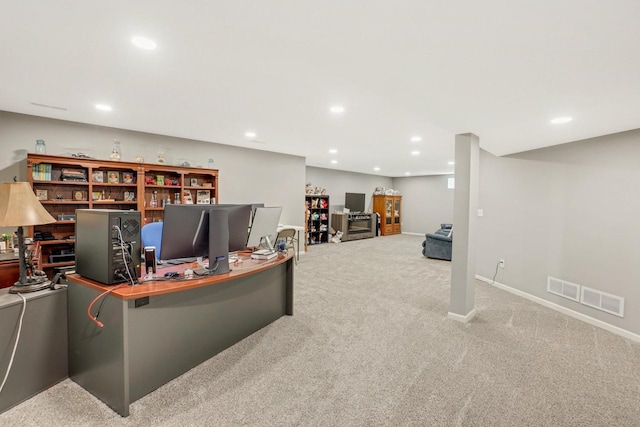 home office with recessed lighting, carpet flooring, baseboards, and visible vents