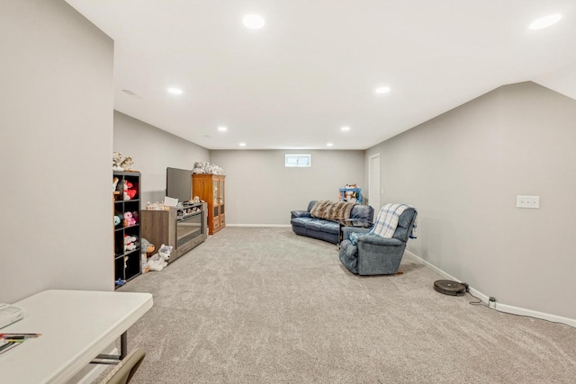 sitting room with recessed lighting, baseboards, carpet floors, and lofted ceiling