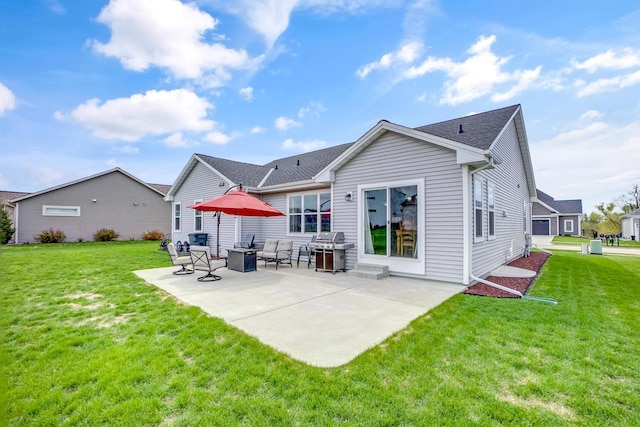 back of property with a patio and a yard