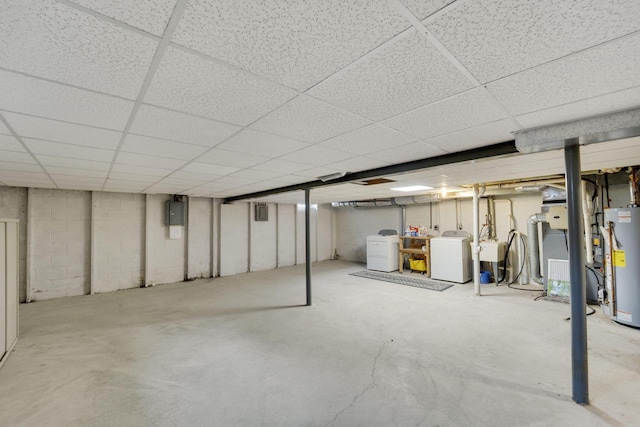 8022 W Glenbrook Rd, Milwaukee, WI 53223 - unfinished below grade area featuring a sink, a paneled ceiling, gas water heater, and washer and dryer