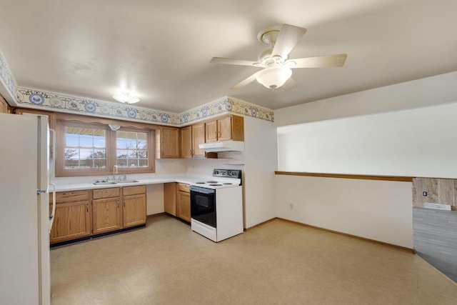 8022 W Glenbrook Rd, Milwaukee, WI 53223 - kitchen featuring ceiling fan, a sink, white appliances, light countertops, and under cabinet range hood