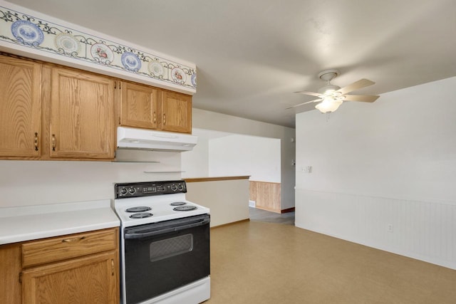 8022 W Glenbrook Rd, Milwaukee, WI 53223 - kitchen with ceiling fan, electric range, wainscoting, light countertops, and under cabinet range hood