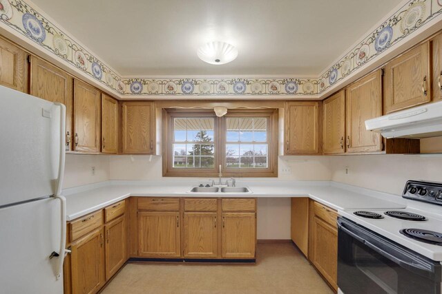 8022 W Glenbrook Rd, Milwaukee, WI 53223 - kitchen featuring white appliances, light countertops, under cabinet range hood, brown cabinets, and a sink