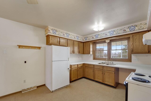 8022 W Glenbrook Rd, Milwaukee, WI 53223 - kitchen featuring visible vents, white appliances, light countertops, brown cabinets, and a sink