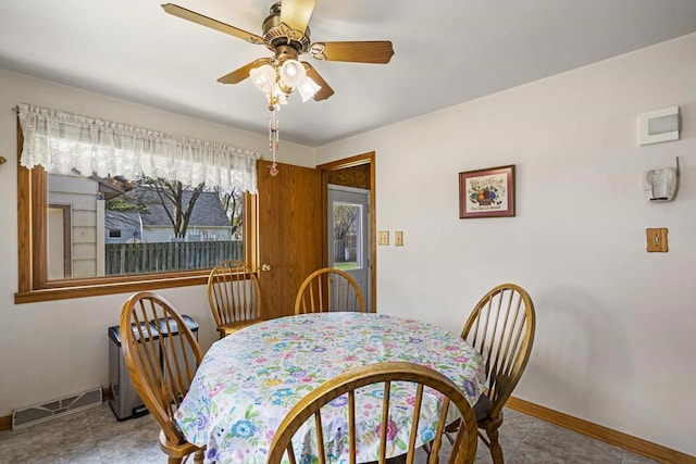 dining room with baseboards, a ceiling fan, tile patterned floors, and visible vents