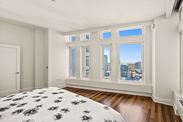 bedroom with baseboards, multiple windows, and dark wood-style flooring