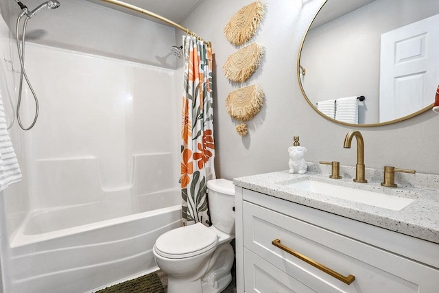 full bath with toilet, shower / bath combo, and vanity