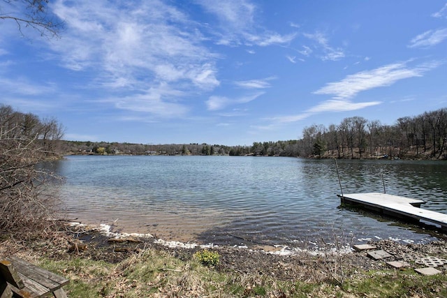 view of dock featuring a view of trees and a water view