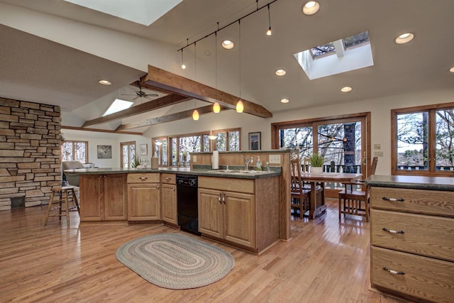 kitchen with a skylight, dark countertops, a wealth of natural light, and dishwasher