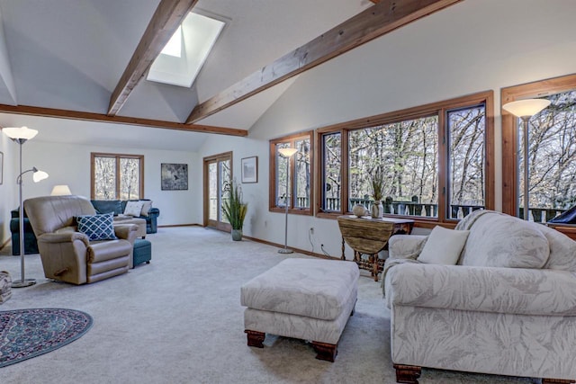 living area with a skylight, beam ceiling, baseboards, high vaulted ceiling, and carpet