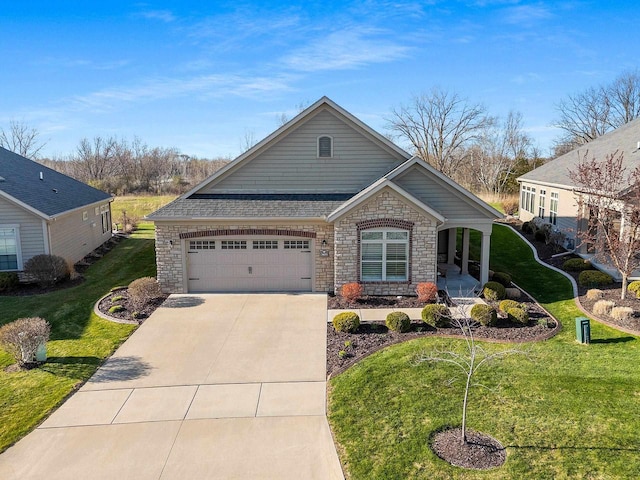 view of front of home with concrete driveway, an attached garage, stone siding, and a front lawn