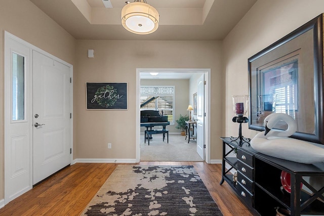 foyer with baseboards and wood finished floors