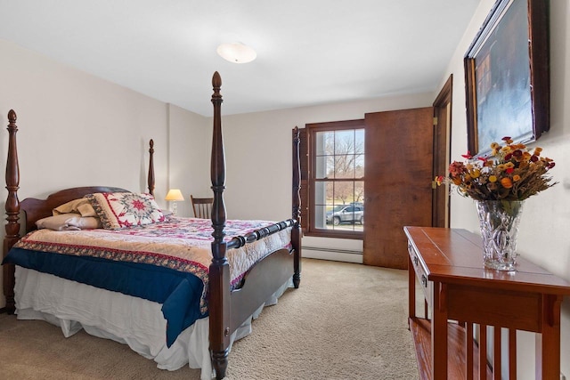 bedroom with light colored carpet and a baseboard heating unit