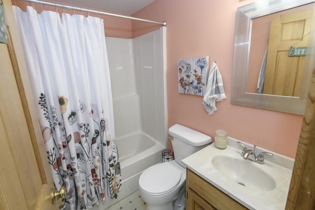 bathroom with toilet, shower / bath combo with shower curtain, and vanity