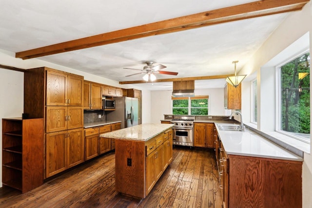 S9073 Timbercrest Trl, Prairie Du Sac, WI 53578 - kitchen featuring appliances with stainless steel finishes, a sink, beamed ceiling, dark wood finished floors, and brown cabinets