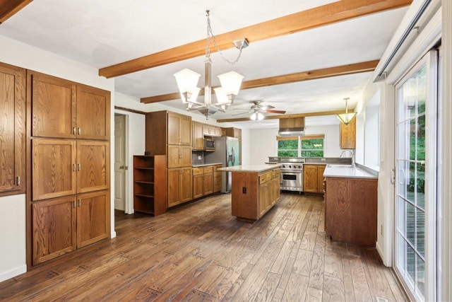 S9073 Timbercrest Trl, Prairie Du Sac, WI 53578 - kitchen with appliances with stainless steel finishes, dark wood-type flooring, brown cabinetry, and beamed ceiling