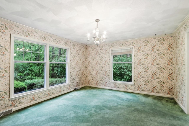 S9073 Timbercrest Trl, Prairie Du Sac, WI 53578 - carpeted empty room featuring a chandelier, crown molding, healthy amount of natural light, baseboards, and wallpapered walls