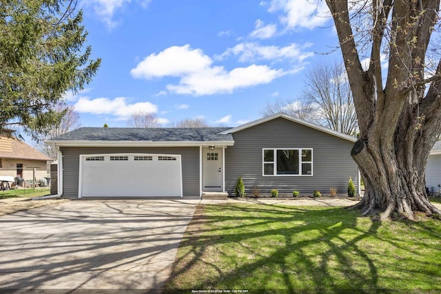 single story home featuring a garage, roof with shingles, concrete driveway, and a front lawn