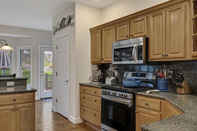 kitchen featuring appliances with stainless steel finishes, dark stone countertops, baseboards, decorative backsplash, and wood finished floors