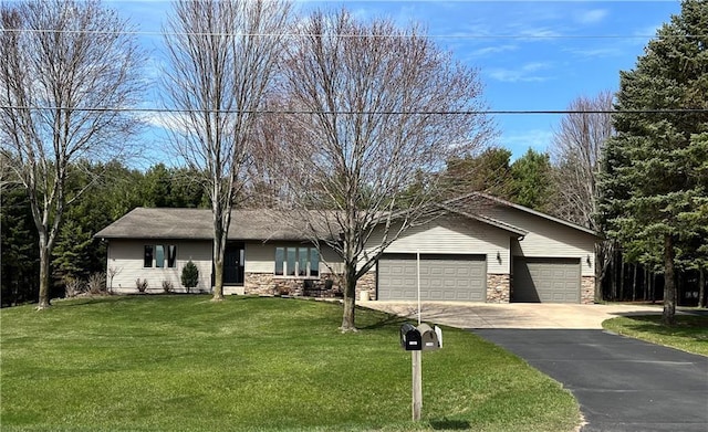 ranch-style house featuring an attached garage, a front lawn, aphalt driveway, and stone siding