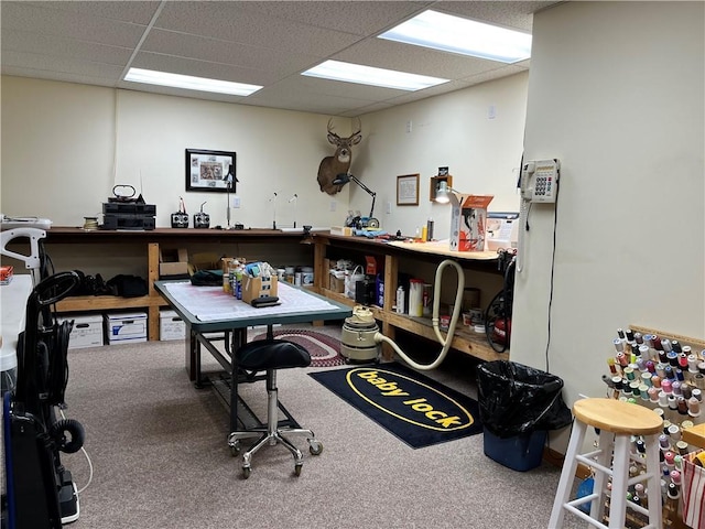 misc room with a workshop area, carpet, and a paneled ceiling