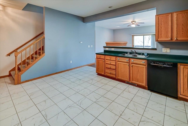 555 Kelvington Dr Unit 4, Sun Prairie, WI 53590 - kitchen with dishwasher, a sink, dark countertops, light marble finish flooring, and a ceiling fan