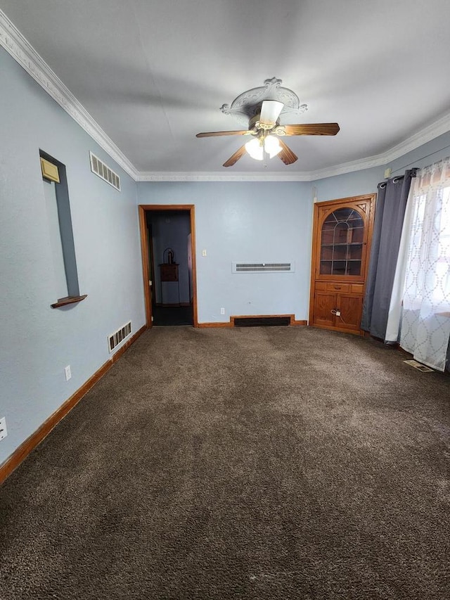 unfurnished living room featuring carpet floors, ceiling fan, baseboards, and visible vents