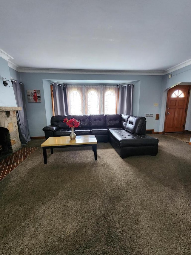 living room with arched walkways, a fireplace, baseboards, carpet floors, and ornamental molding