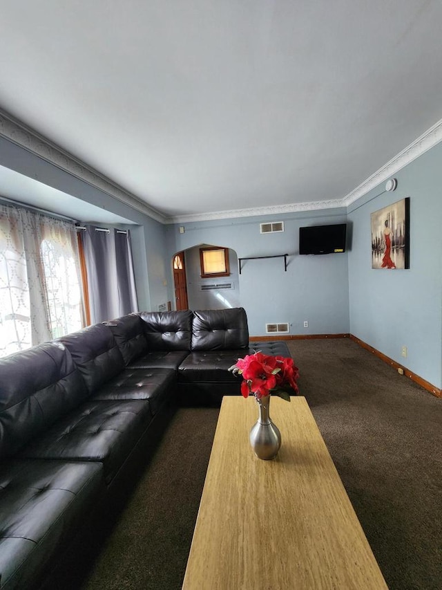 carpeted living area featuring visible vents, ornamental molding, and baseboards