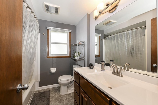 full bathroom with toilet, baseboards, visible vents, and vanity